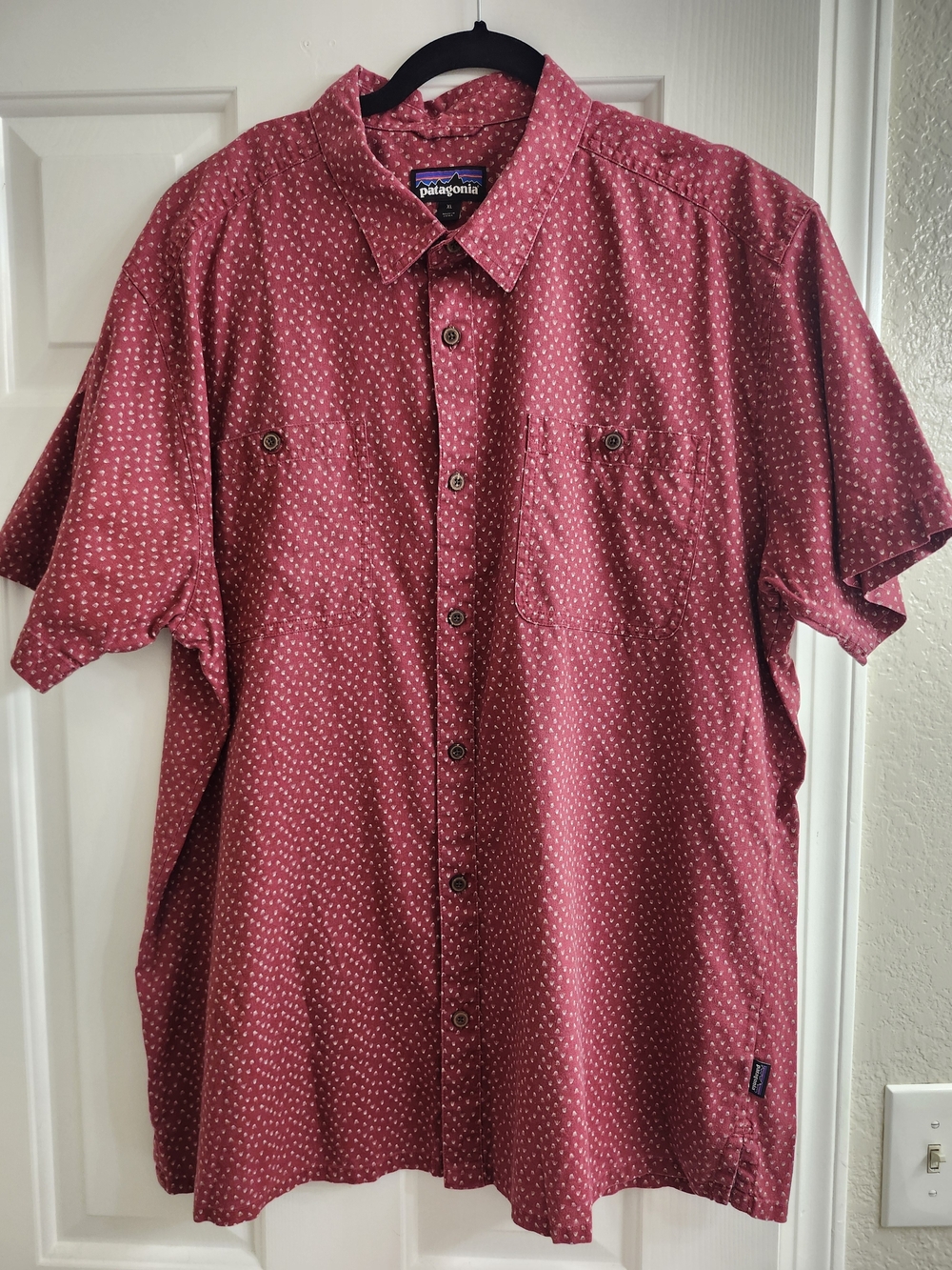 Patagonia Short-Sleeve Button-Up Shirt in Burgundy with White Dot Pattern